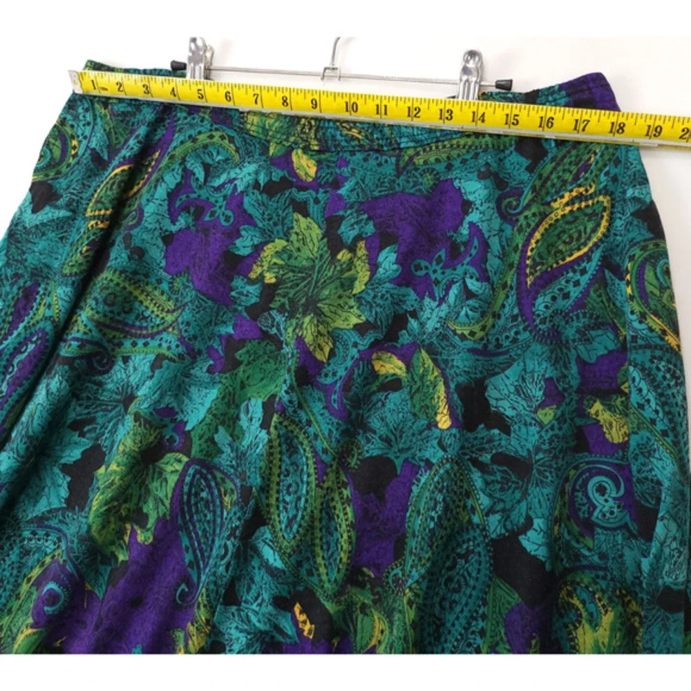 Vtg Whimsical Boho Green Purple Paisley Floral Flowy Skirt Pull‎ On Women 18/20